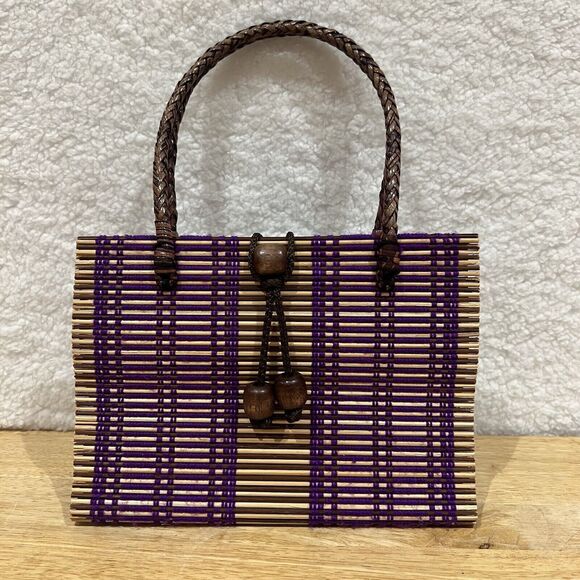 Rattan Woven Purple  Purse Handbag w/ Handmade Beaded Closure & Braided Handles - Picture 2 of 16